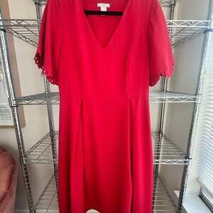 H&M Red V-Neck Dress with Laser Cut Scalloped Sleeves, Size Small